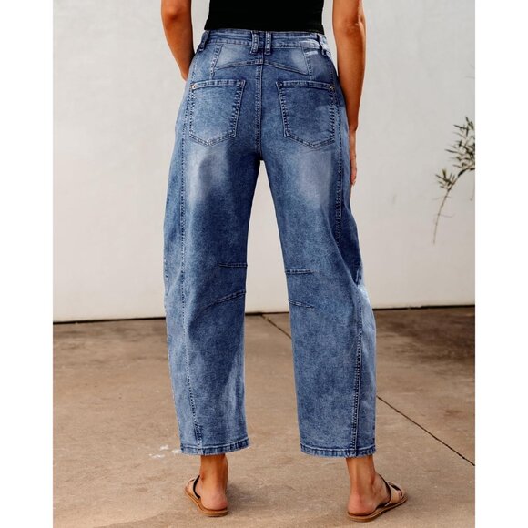 Women’s Wide Leg Cropped Stretch Denim Jeans High Waisted Casual Pants - Picture 2 of 6